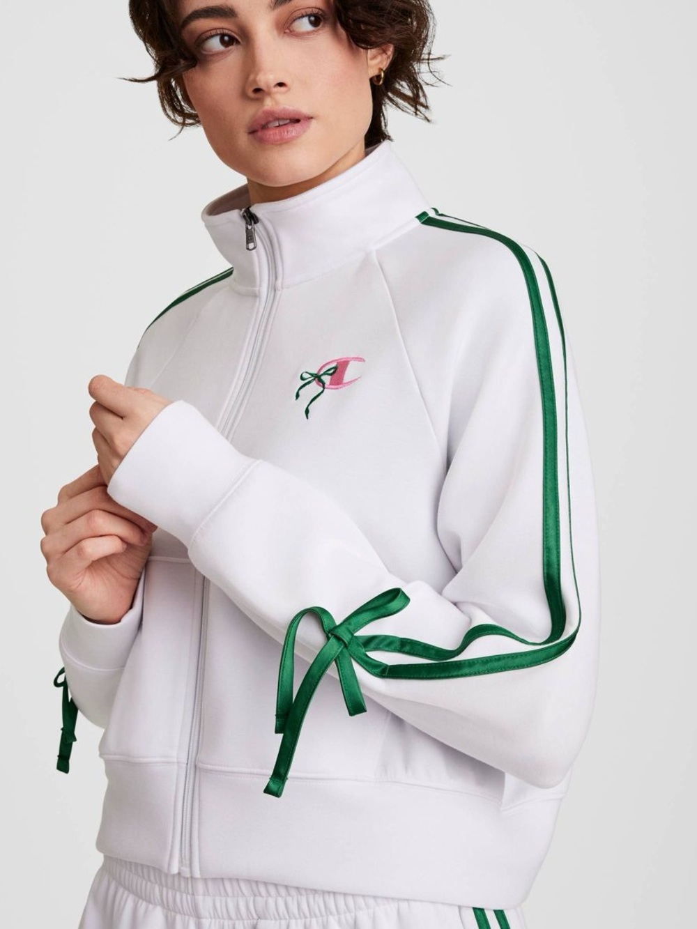 Champion Women’s In The Stands Zip Top with Green Trim + Ribbon Ties 🤍💚 - Size M